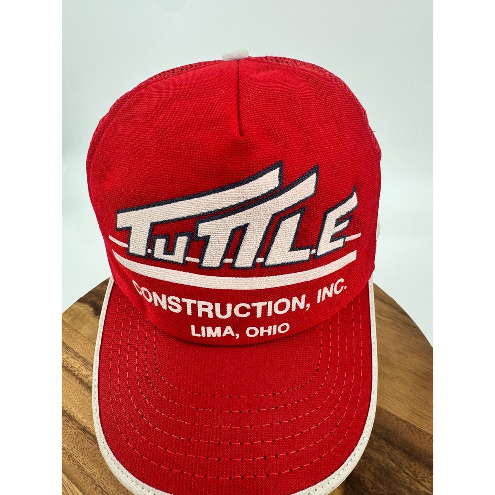 3 Stripe Hat Cap Tuttle Construction Inc Lima Ohio Red Mesh Trucker USA Made‎